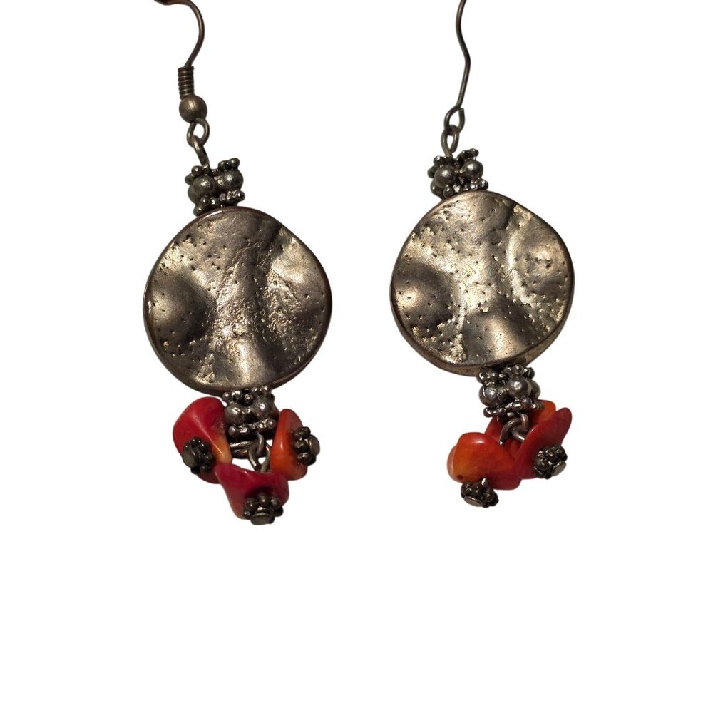 Handmade Silver Disc Earrings With Red-Orange Coral Beads‎ 2"